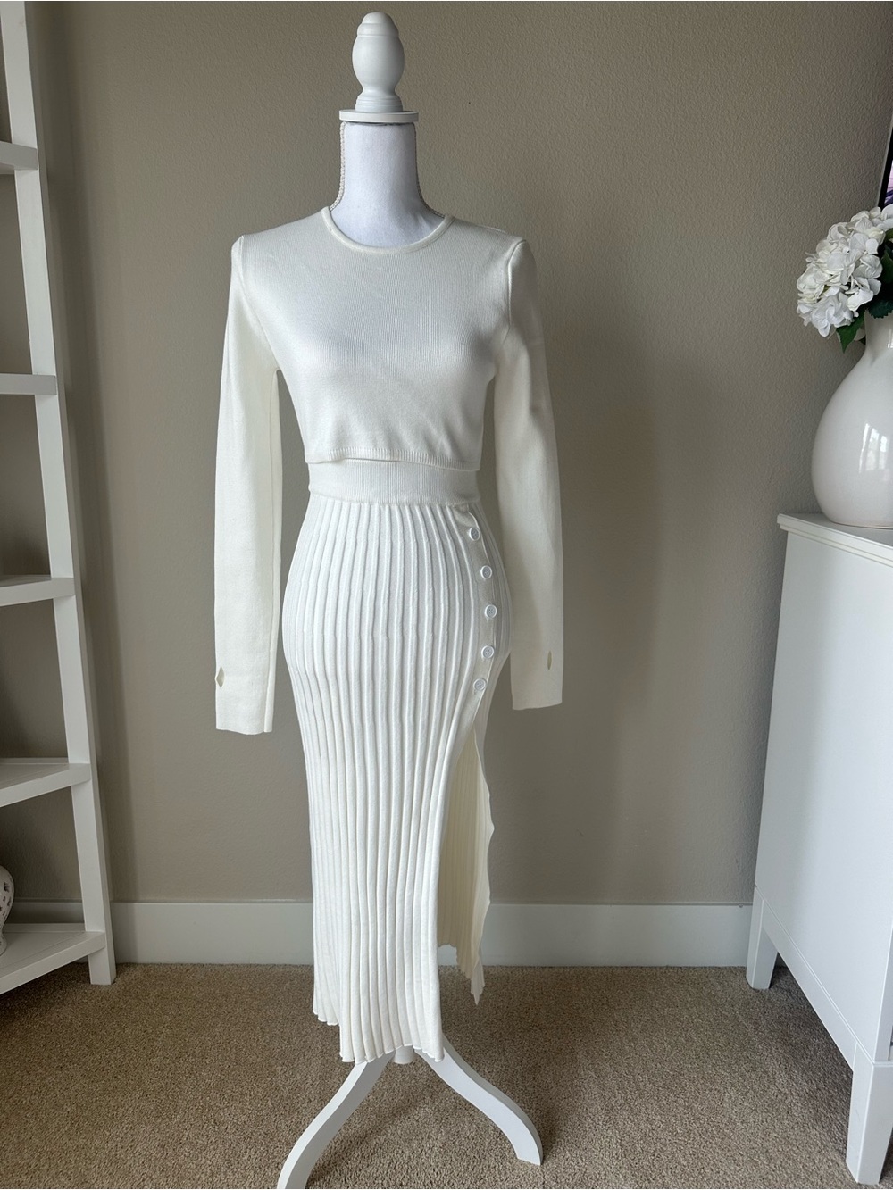 Chicwish Cream Ribbed Button-Side Maxi Skirt Set